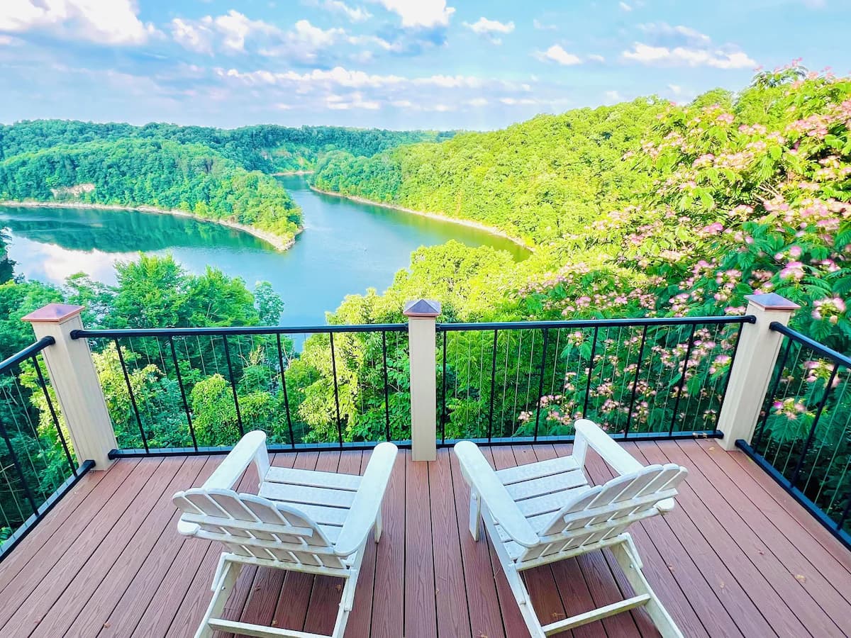 Deck with Adirondack chairs overlooking Lake Cumberland